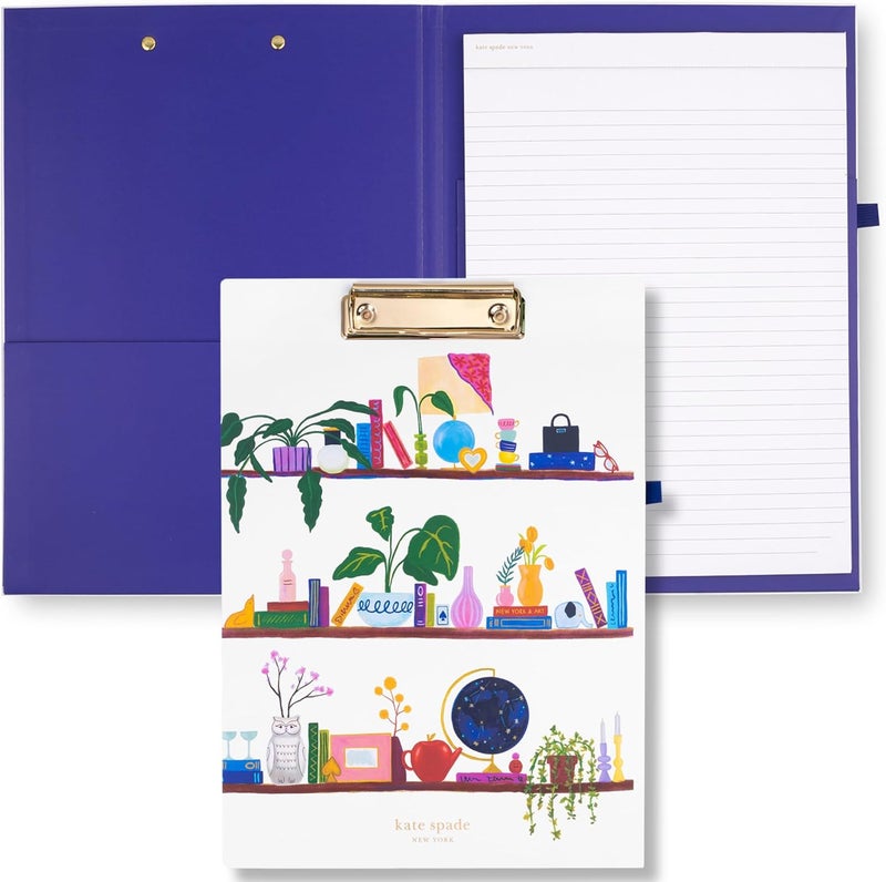 Kate Spade New York A4 Clipboard Folio with Low Profile Clip, Professional Padfolio Includes Lined Notepad, Pen Loop, and Pocket, Charmed Library - Image 1